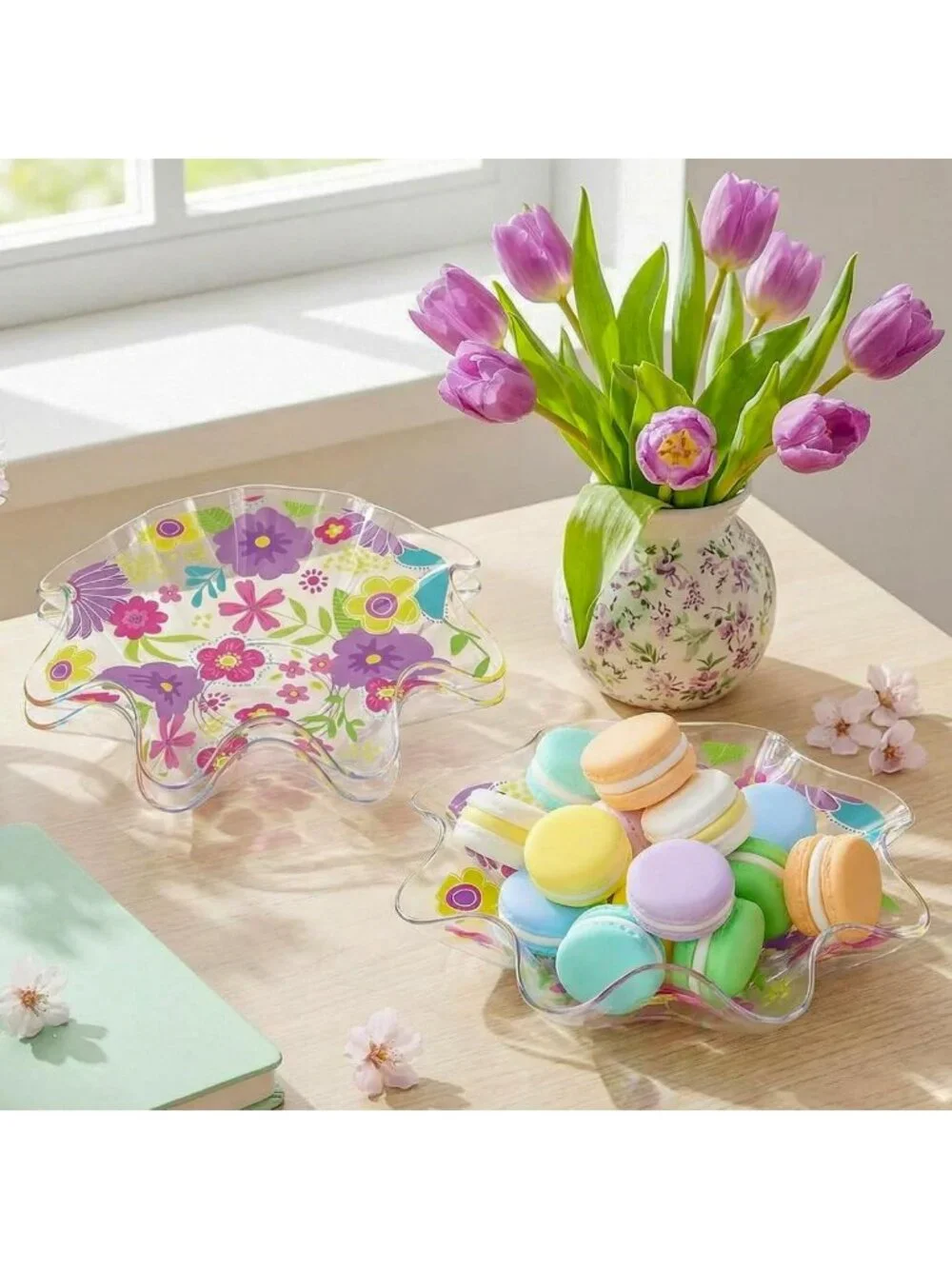 4 Pcs Floral Plastic Bowls - 8 Inch Daisies & Wildflowers, Reusable Snack